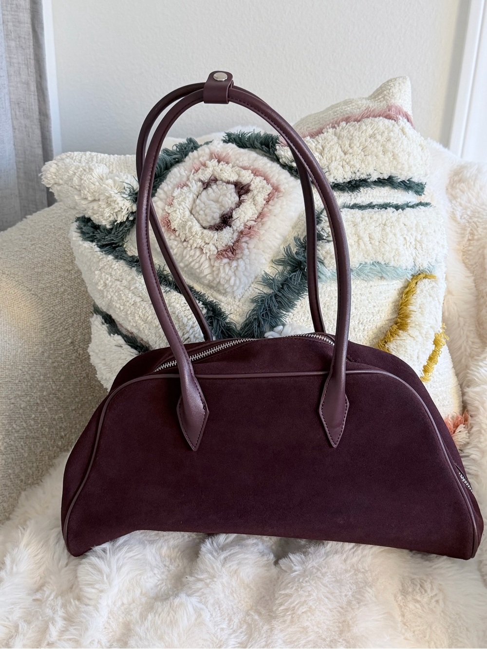Women's Suede Shoulder Bag in Deep Burgundy